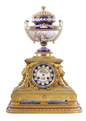 Lot 1068 - A GOOD 19TH CENTURY FRENCH ORMOLU AND SEVRES STYLE PORCELAIN MANTEL CLOCK RETAILED BY ATE CARTIER PARIS