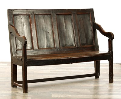 Lot 1343 - A GOOD LATE 17TH CENTURY OAK AND ELM CHILD'S SETTLE OF SUPERB COLOUR AND PATINA