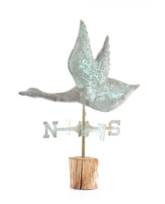 Lot 355 - A 19TH CENTURY PRESSED COPPER WEATHER VANE MODELED AS A GOOSE IN FLIGHT