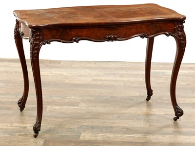 Lot 328 - A VICTORIAN BURR WALNUT INLIAD SERPENTINE SHAPED CENTRE TABLE