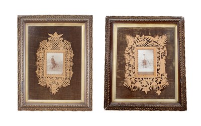 Lot 143 - A PAIR OF 19TH CENTURY BLACK AND WHITE PHOTOGRAPHS OF CYCLISTS IN PIERCED LEAF WORK WOODEN SURROUNDS