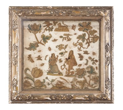 Lot 869 - A 17TH CENTURY SILKWORK EMBROIDERY
