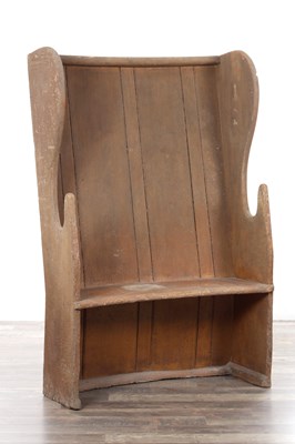 Lot 1155 - AN 18TH CENTURY SCUMBLE PINE BOWED SETTLE OF SMALL SIZE