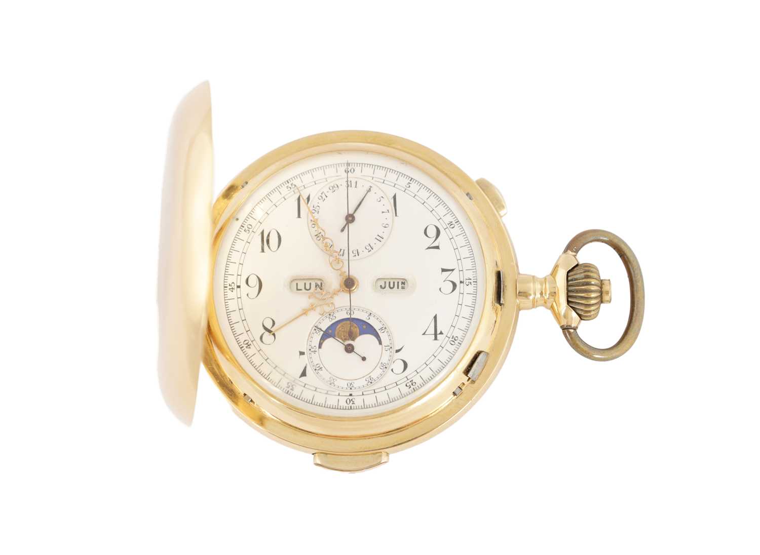 Lot 312 - A LATE 19TH CENTURY 18CT GOLD HUNTER CHRONOGRAPH QUARTER REPEATING MOONPHASE POCKET WATCH