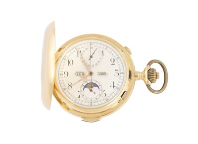 Lot 312 - A LATE 19TH CENTURY 18CT GOLD HUNTER CHRONOGRAPH QUARTER REPEATING MOONPHASE POCKET WATCH