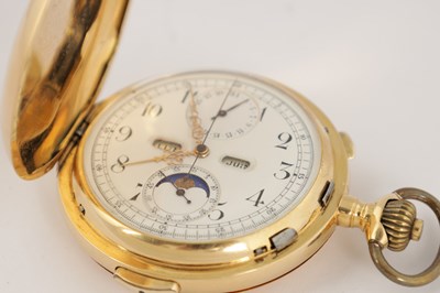 Lot 312 - A LATE 19TH CENTURY 18CT GOLD HUNTER CHRONOGRAPH QUARTER REPEATING MOONPHASE POCKET WATCH