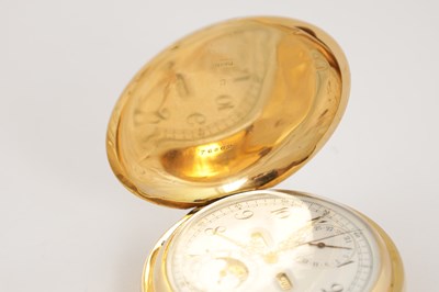 Lot 312 - A LATE 19TH CENTURY 18CT GOLD HUNTER CHRONOGRAPH QUARTER REPEATING MOONPHASE POCKET WATCH