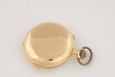 Lot 312 - A LATE 19TH CENTURY 18CT GOLD HUNTER CHRONOGRAPH QUARTER REPEATING MOONPHASE POCKET WATCH