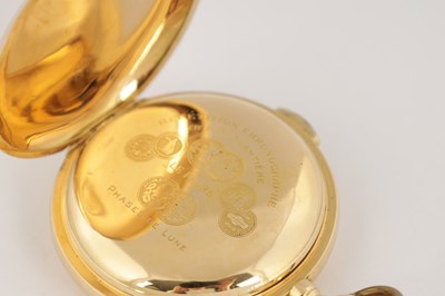 Lot 312 - A LATE 19TH CENTURY 18CT GOLD HUNTER CHRONOGRAPH QUARTER REPEATING MOONPHASE POCKET WATCH