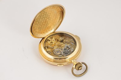 Lot 312 - A LATE 19TH CENTURY 18CT GOLD HUNTER CHRONOGRAPH QUARTER REPEATING MOONPHASE POCKET WATCH