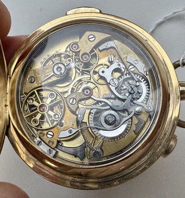 Lot 312 - A LATE 19TH CENTURY 18CT GOLD HUNTER CHRONOGRAPH QUARTER REPEATING MOONPHASE POCKET WATCH