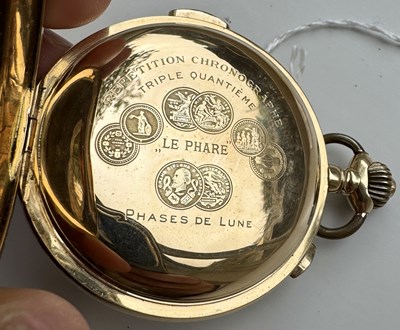 Lot 312 - A LATE 19TH CENTURY 18CT GOLD HUNTER CHRONOGRAPH QUARTER REPEATING MOONPHASE POCKET WATCH