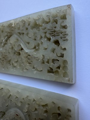 Lot 69 - A PAIR OF CHINESE RETICULATED CARVED JADE PANELS ON STANDS