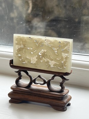 Lot 69 - A PAIR OF CHINESE RETICULATED CARVED JADE PANELS ON STANDS