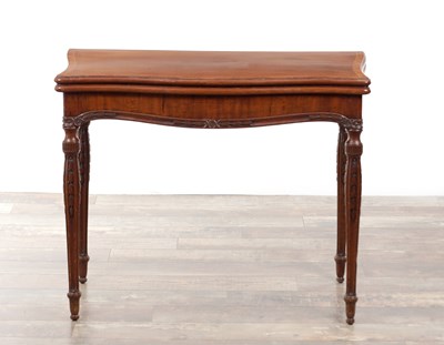Lot 1202 - A GEORGE III SERPENTINE FRONTED CONCERTINA ACTION MAHOGANY CARD TABLE