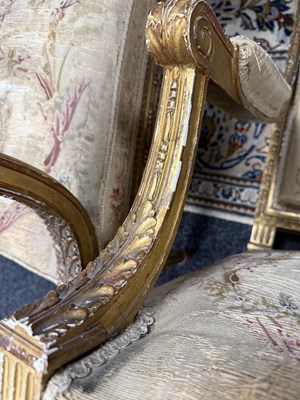 Lot 1206 - A PAIR OF 18TH CENTURY FRENCH CARVED GILT GESSO ARMCHAIRS UPHOLSTERED IN AUBUSSON TAPESTRIES