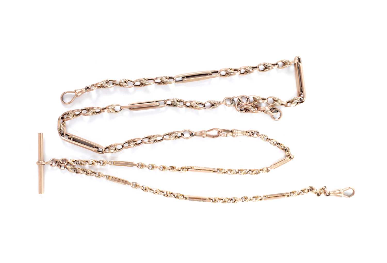Lot 269 - A 9CT ROSE GOLD FETTER KNOT LINK DOUBLE ALBERT WATCH CHAIN NECKLACE