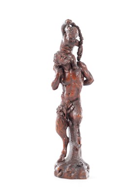 Lot 738 - AN 18TH CENTURY FLEMISH CARVED FRUITWOOD FIGURAL SCULPTURE OF YOUNG BACCHUS AND A FAUN