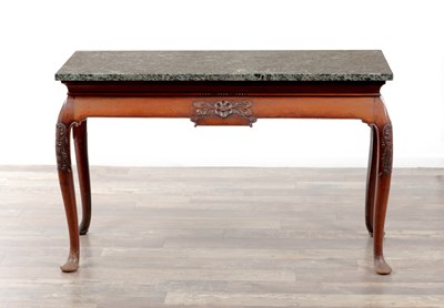 Lot 1141 - A MID 18TH CENTURY CHINESE CARVED PADOUK AND ANTICO VERDE MARBLE SIDE TABLE