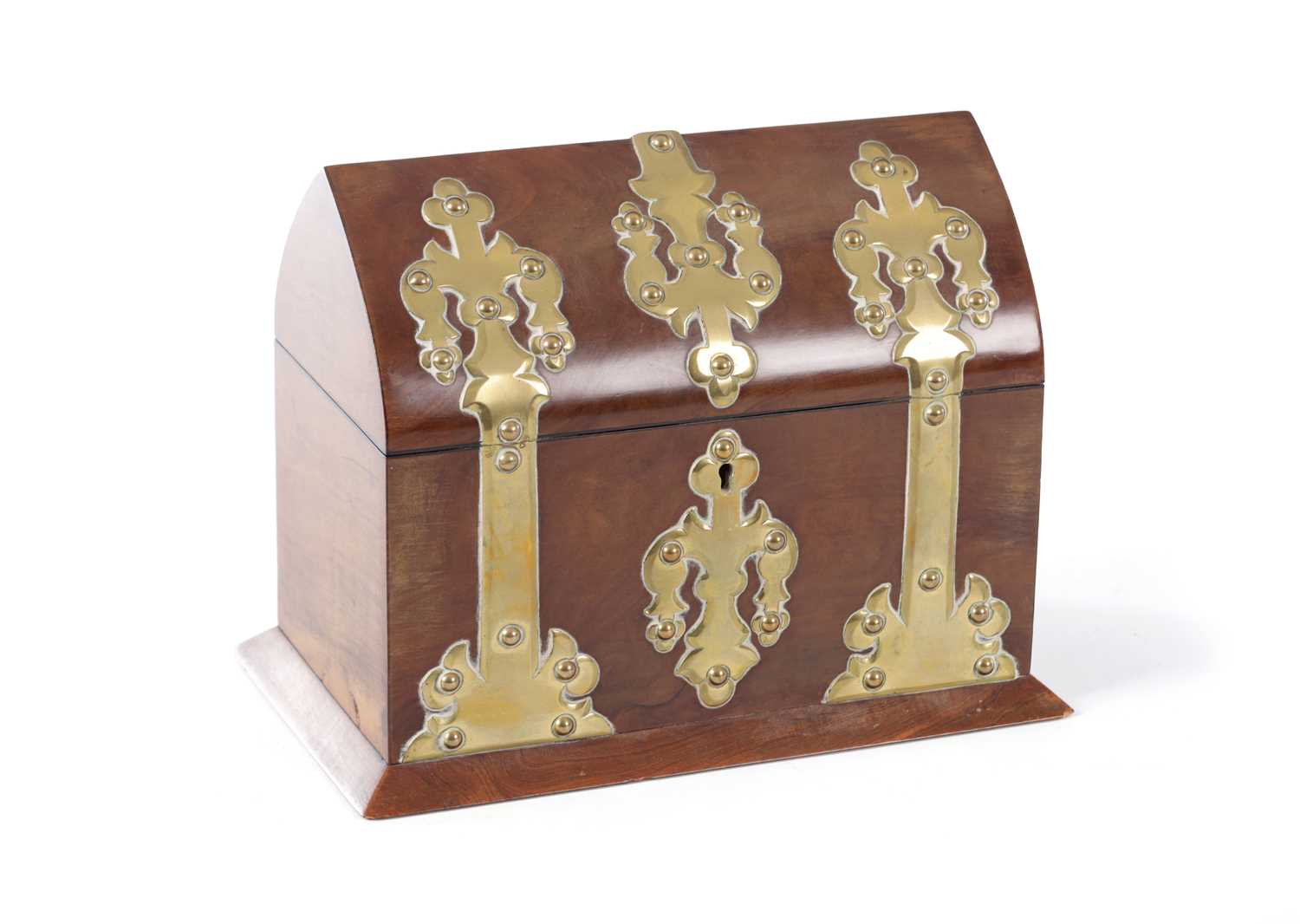 Lot 183 - A 19TH CENTURY BRASS BOUND LANCET TOP STATIONARY BOX