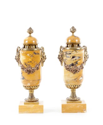 Lot 655 - A PAIR OF FRENCH 19TH CENTURY ORMOLU-MOUNTED SIENNA MARBLE CASSOLETTES