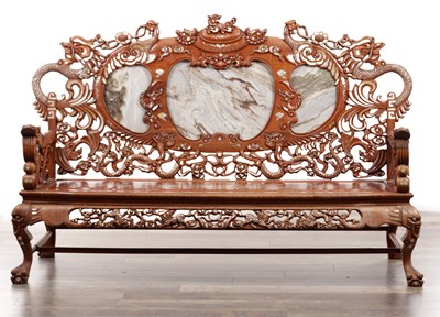 Lot 140 - A 19TH CENTURY THREE SEATER ROSEWOOD, MOTHER OF PEARL AND MARBLE INLAID BENCH