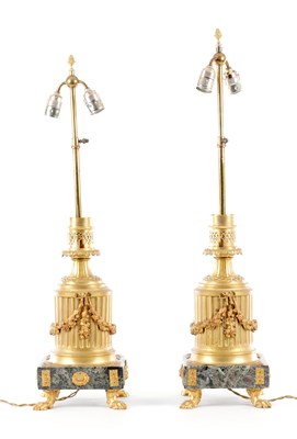 Lot 624 - ATT GAGNEAU, PARIS. A LARGE PAIR OF LATE 18TH CENTURY FRENCH ORMOLU MOUNTED ANTICO VERDE TELESCOPIC TABLE LAMPS