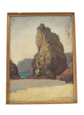 Lot 848 - FRANK DANIELL (1866 - 1932). OIL ON BOARD OF A COASTAL SCENE DATED 1923