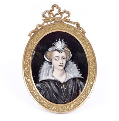 Lot 888 - A 19TH CENTURY FRENCH LIMOGE ENAMEL MINIATURE PORTRAIT OF AN ELIZABETHAN LADY