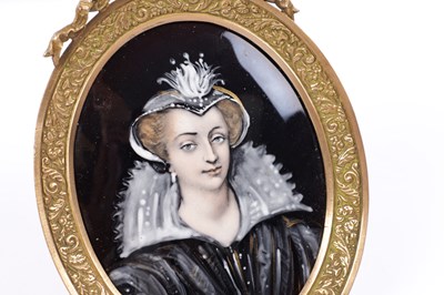 Lot 888 - A 19TH CENTURY FRENCH LIMOGE ENAMEL MINIATURE PORTRAIT OF AN ELIZABETHAN LADY