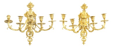 Lot 657 - A PAIR OF LATE 19TH CENTURY FRENCH ORMOLU FIVE BRANCH WALL LIGHTS
