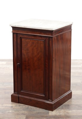 Lot 1230 - A 19TH CENTURY MAHOGANY PEDESTAL SAFE CABINET WITH A WHITE MARBLE TOP