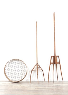 Lot 583 - TWO 18TH CENTURY WOODEN PITCHFORKS AND A WIRE SOIL RIDDLE