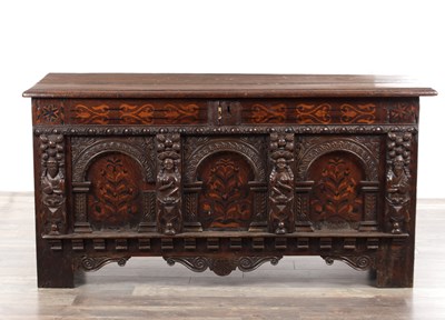 Lot 1247 - A 17TH CENTURY YORKSHIRE CARVED OAK AND MARQUETRY PANELLED COFFER