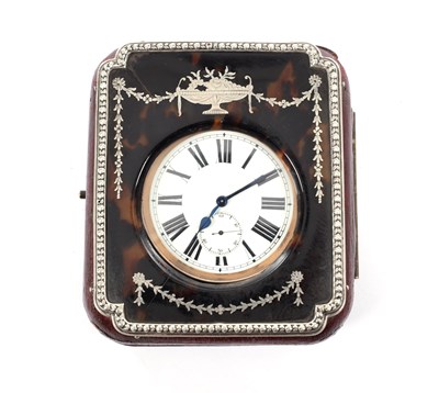 Lot 399 - A NICKEL CASED GOLIATH POCKET WATCH IN A TORTOISESHELL AND LEATHER TRAVELLING CASE