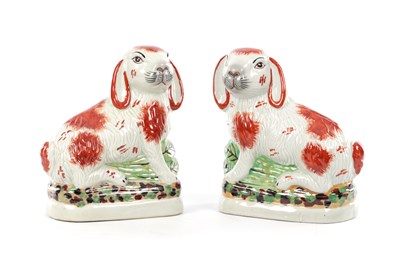 Lot 74 - A PAIR OF STAFFORDSHIRE PORCELAIN RABBITS