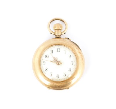 Lot 291 - A SWISS 14CT GOLD AND ENAMEL OPEN-FACED FOB WATCH