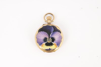 Lot 291 - A SWISS 14CT GOLD AND ENAMEL OPEN-FACED FOB WATCH