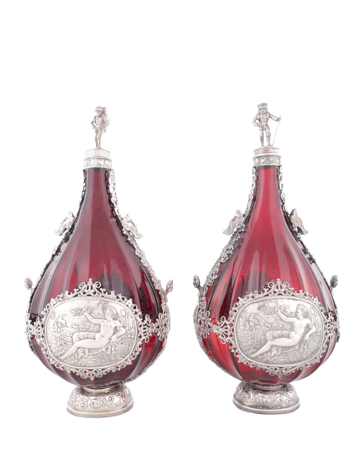 Lot 1 - A PAIR OF LATE 19TH CENTURY CONTINENTAL RUBY GLASS PILGRIM FLASKS WITH SILVER MOUNTS