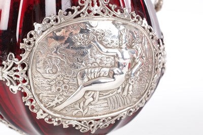 Lot 1 - A PAIR OF LATE 19TH CENTURY CONTINENTAL RUBY GLASS PILGRIM FLASKS WITH SILVER MOUNTS