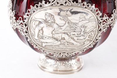 Lot 1 - A PAIR OF LATE 19TH CENTURY CONTINENTAL RUBY GLASS PILGRIM FLASKS WITH SILVER MOUNTS