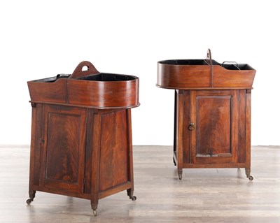 Lot 1285 - A PAIR OF LATE GEORGE III MAHOGANY WINE COOLERS ON STANDS
