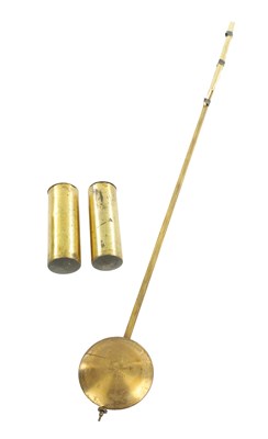 Lot 1047 - A PAIR OF GEORGIAN BRASS CASED WEIGHTS AND A BRASS BOB PENDULUM