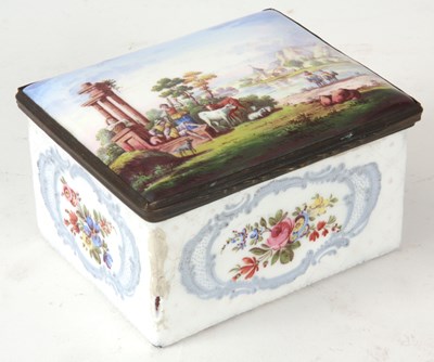 Lot 500 - A GEORGE III ENAMEL BOX with brass bound...