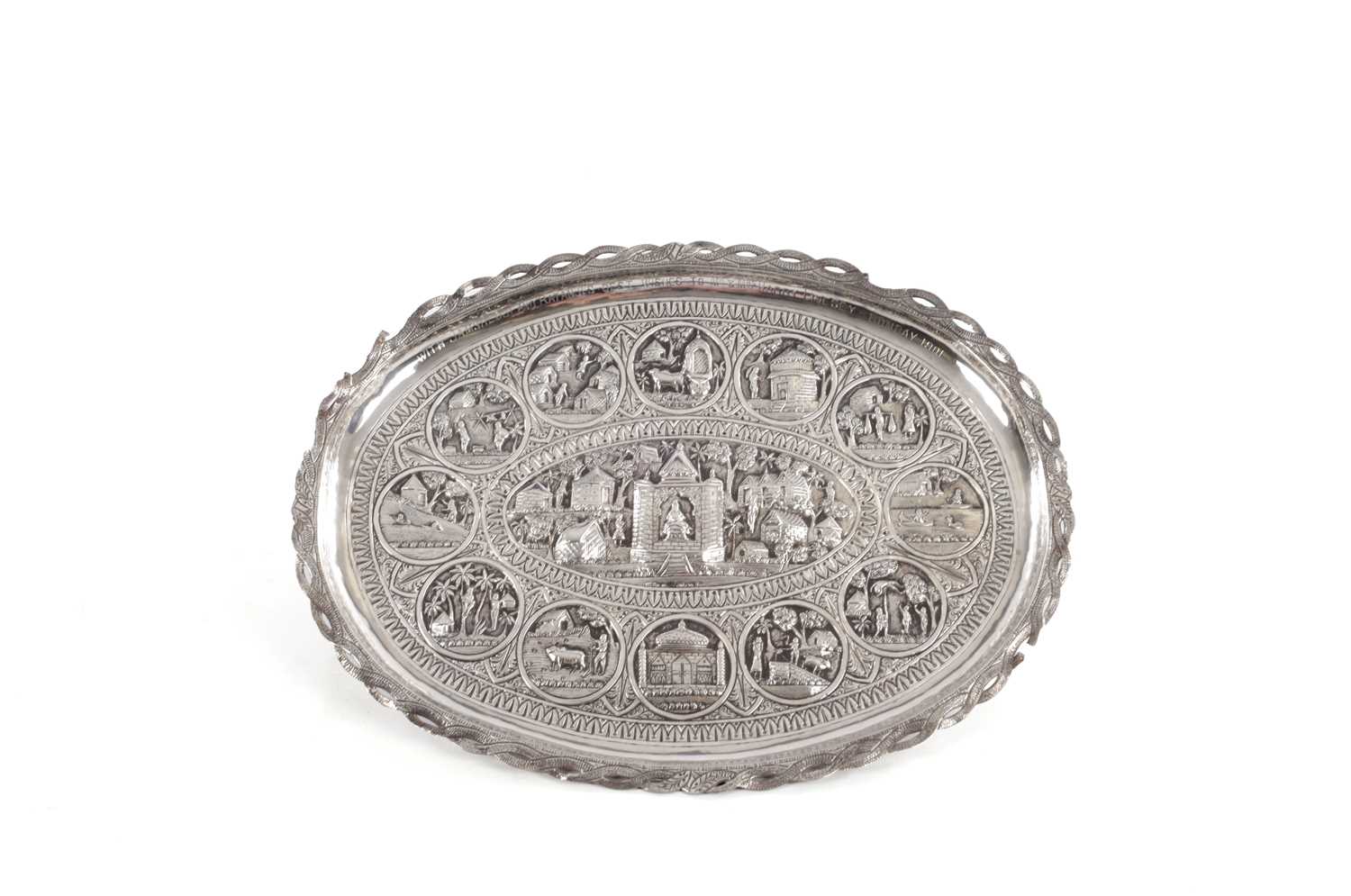 Lot 387 - A 19TH CENTURY INDIAN SILVER TRAY