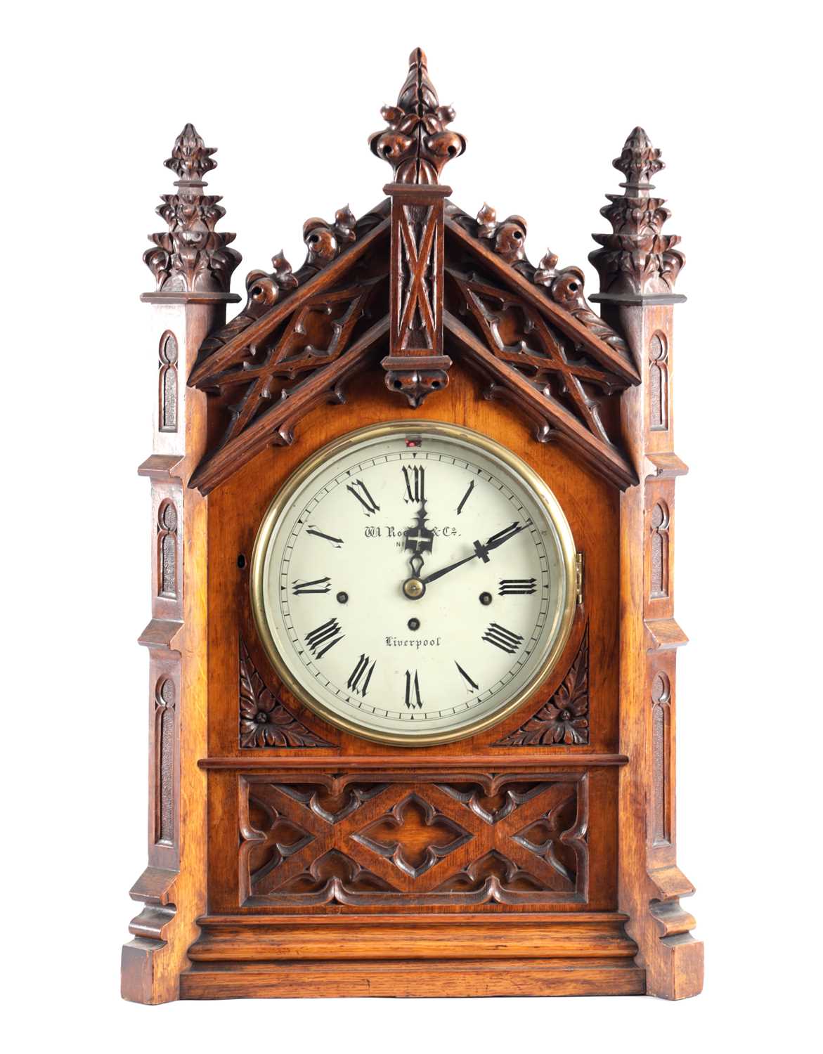Lot 1049 - W. ROSKELL & CO. LIVERPOOL. A LARGE LATE 19TH CENTURY OAK TRIPLE FUSEE CHIMING BRACKET CLOCK