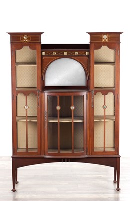 Lot 1250 - A GOOD ARTS AND CRAFTS MOTHER OF PEARL INLAID MAHOGANY DISPLAY CABINET IN THE MANNER OF SHEPLAND AND PETTER