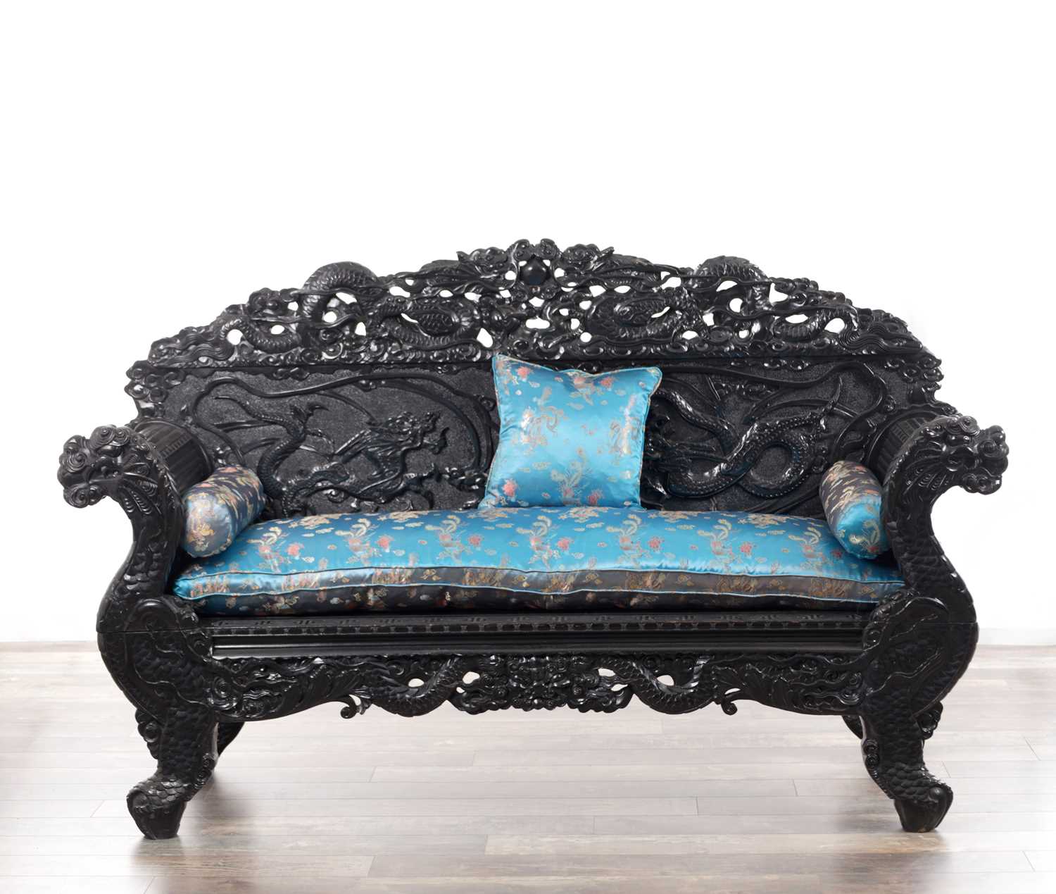 Lot 73 - A LATE 19TH CENTURY CARVED HARDWOOD EBONISED CHINESE SETTEE