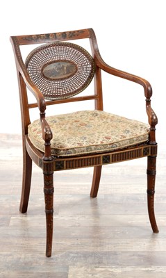 Lot 95 - A 19TH CENTURY SHERATON STYLE PAINTED SATINWOOD BERGERE ARMCHAIR