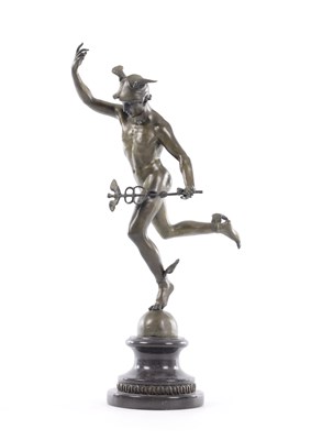 Lot 574 - A 19/20TH CENTURY ITALIAN BRONZE SCULPTURE OF FLYING MERCURY